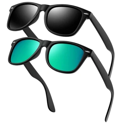 Image of KANASTAL 2 Pack Green Mens Sunglasses Womens Mirrored Polarised Cheap Classic UV 400 Protection for Driving Cycling Fishing Matte Black + Mirror