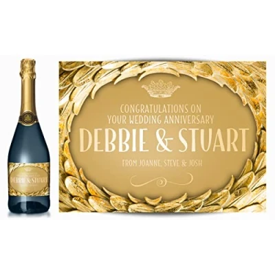 Image of Personalised Gold Laurel Champagne Label Birthday, Wedding, Engagement, Anniversary, Hen Night, Congratulations, Any Occasion You Choose (Gold/Gold)