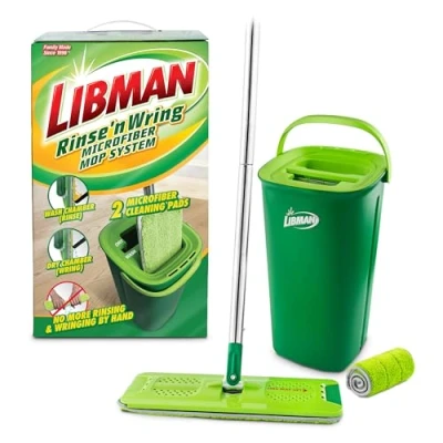 Image of Libman Rinse &#039;n Wring Mop and Bucket System Microfiber Floor Hardwood Cleaner Wet &amp; Dry Clean Dirty Water Chambers Squeegee Blades 2 Total Pads