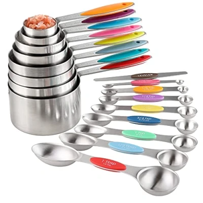 Image of Measuring Cups and Spoons Set Stainless Steel Including 8 Stackable Cup Double Sided Magnetic with 1 Leveler for Dry Liquid Ingredients