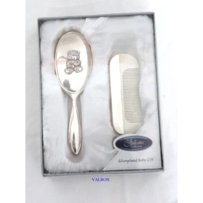 Image of Teddy Design Silver Plated Brush and Comb Set