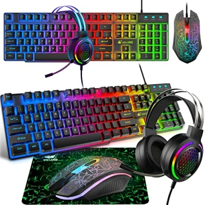 Image of Gaming Keyboard Headset &amp; Mouse Set, 104 Keys Rainbow Backlit UK Layout 2400DPI 7.1 Surround Sound RGB Lightweight Honeycomb Pad Combo for PS4 XBox(Need Adapter) Black