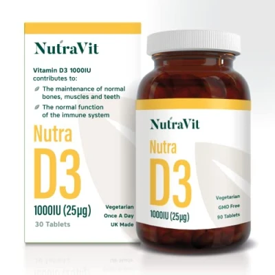 Image of NUTRA D3 Vitamin D 1000IU (25µg) 90 Tablets High Strength Vegetarian Maintain Normal Bones, Muscles, Teeth and Immune System Manufactured in a UK MHRA GMP Facility NUTRAVIT