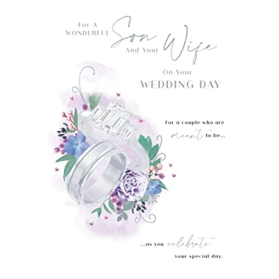 Image of Son &amp; Wife Wedding Day Card Rings Foil Finish Lovely Verse