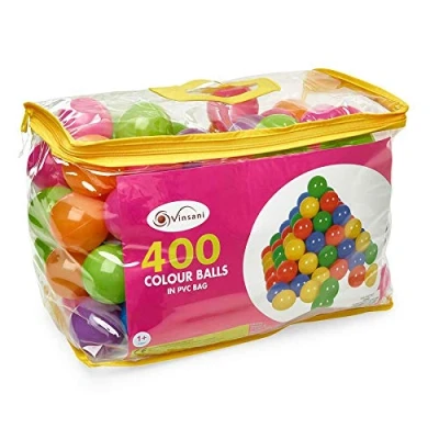Image of Vinsani 400 Multicoloured Soft Plastic Play pit Balls Non Toxic and BPA Free with Clear PVC Carry Bag for Indoor Outdoor Swimming Pool Ball Trampoline