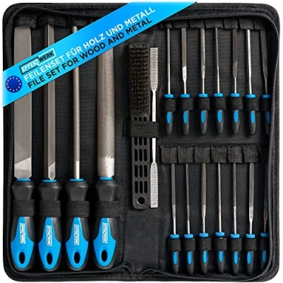 Image of Effektwerk 21 Pc File Set for Metal, Wood &amp; Plastic, Includes Large Round File, Half Triangular Flat Wire Brush, Rasp, Storage Pouch 14 Needle Files Fine Finishing