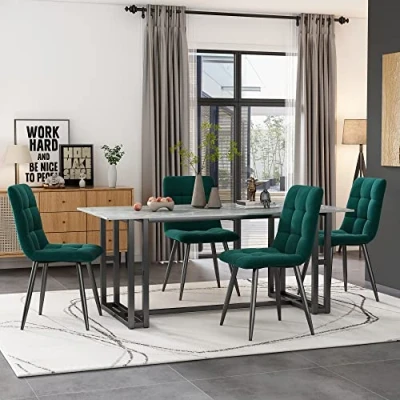 Image of ModernLuxe Dining Chairs Set of 4, Modern Vanity Chair with Metal Legs, Upholstered for Living Room Room, Velet Backrest, Accent Occasional Kitchen Chairs, Dark Green