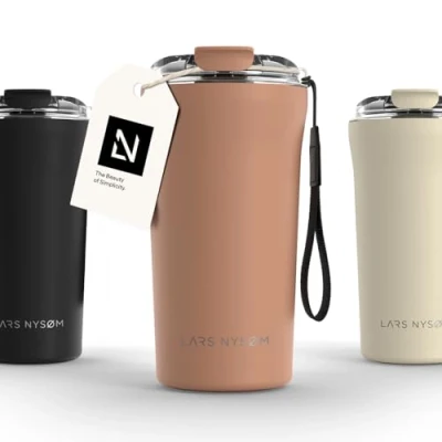 Image of LARS NYSØM Thermo Coffee Mug to Go with Strap 17oz Travel 0.5 Liter Insulation Leak Proof Stainless Steel Thermal Tumbler for and Tea (Blush Rose, 500ml)