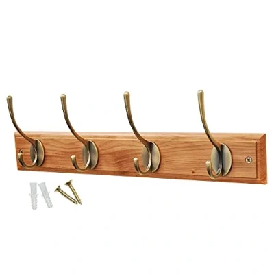 Image of keypak Victorian 4 Hook Wall Mounted Wooden Coat Rack, 45cm Oak Finish Board, Antique Brass Hooks Fixings Included
