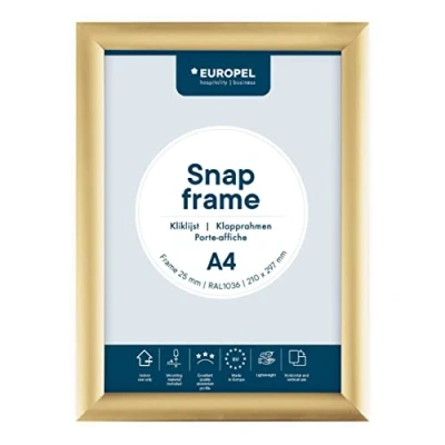 Image of EUROPEL lightweight Snap frame A4, Profile 25x11 mm, Color gold, Anodized aluminum, anti reflective protector, External dimensions 241x328 Grey polystyrene back