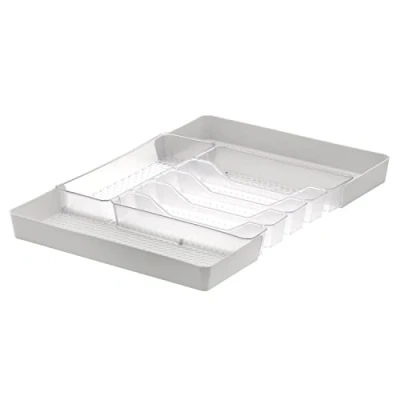 Image of Spectrum Diversified Hexa Expandable Divided Drawer Organizer Tray Modern Kitchen Cutlery, Utensil, Silverware Holder, Cabinet Storage, 13 x 16, Clear Frost/Stone Gray