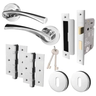 Image of EAI Chrome Key Lock Door Handle Set Round Internal Handles, Sash (80mm), Hinges (76mm) &amp; 2 Escutcheons Polished Novoli Range