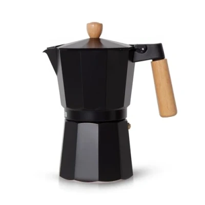 Image of Royalford Italian Espresso Coffee Maker Style Stovetop Moka Pot with Safety Valve, Filter Included (9 Cups/450ML) Traditional Wooden Handle &amp; Knob, Aluminium, Black