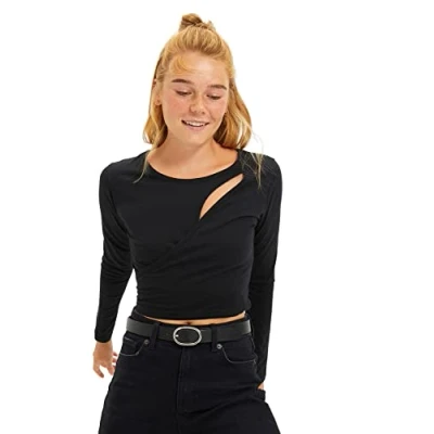 Image of Trendyol Women Young Fitted Basic Asymmetrical Collar Knit Blouse Black