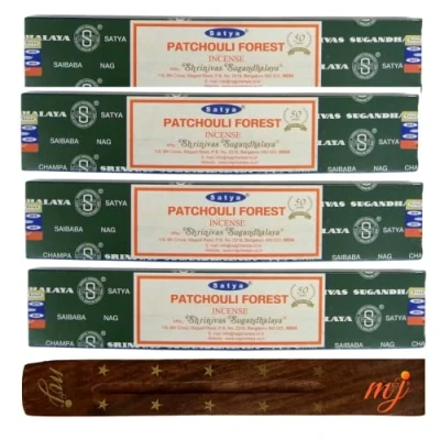 Image of Original Satya Nag Champa Patchouli Forest sticks with M&amp;J incense holder x4 pack for Aromatherapy, Spa, Yoga, Weddings, Meditation, Healing, Positivity and Relaxation
