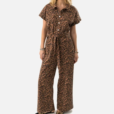 Image of Lollys Laundry Mathilde Leopard Print Denim Jumpsuit L