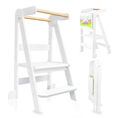 Image of Kitchen Foldable Toddler Tower, Learning Tower with 3 Adjustable Height, Step Stool for Kids Magnetic Whiteboards, 1 6 Years (White)