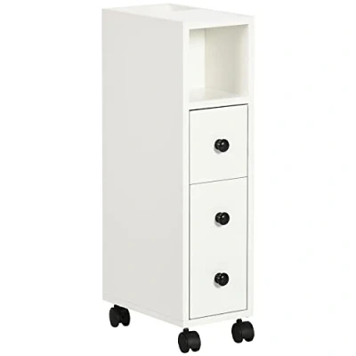 Image of kleankin Slimline Bathroom Storage Unit w/ 2 Drawers Open Compartments Wheels Handles Freestanding Compact Home Office Furniture White