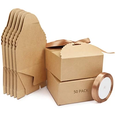 Image of Belle Vous Brown Scalloped Kraft Paper Square Gift Boxes with Ribbon (50 Pack) 12 x 6cm (4.72 4.72 2.36 inches) Small for DIY Wedding and Party Gifts, Favours &amp; Candy