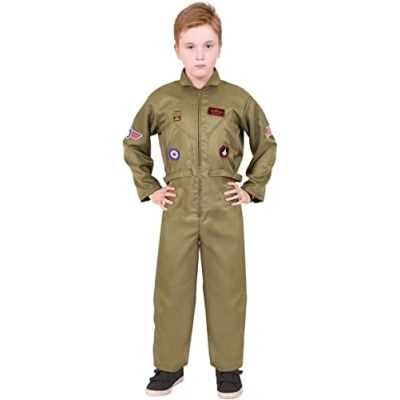 Image of Kids U.S Army Jumpsuit Costume. 80s Movie Icon Green With Flight Wings Badge. Fancy Dress For Boys And Girls. Size: X Large