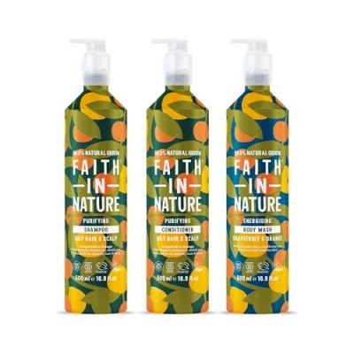 Image of Faith In Nature Natural Shampoo, Conditioner &amp; Body Wash Set Aluminium Bottles Vegan Cruelty Free, No SLS or Parabens 3 x 500ml, Grapefruit Orange