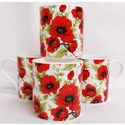 Image of Red Poppy Mugs Set 4 Fine Bone China Balmoral Poppies Cups Hand Decorated UK