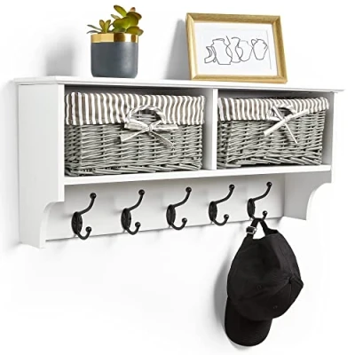 Image of VonHaus Coat Hooks Wall Mounted White Rack Shelf w/ 2 Grey Wicker Storage Baskets &amp; 5 Strong Double Hallway Organiser w/Shelving for Hall Entryway Coat&#039;s, Scarves, Bags