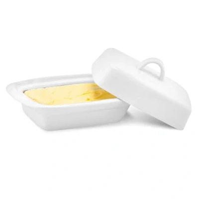 Image of Ceramic Butter Dish with Lid Large White Container for Countertop 17.5L X 9W 11.5H (cm) Dishes Handle Storage Refrigerator