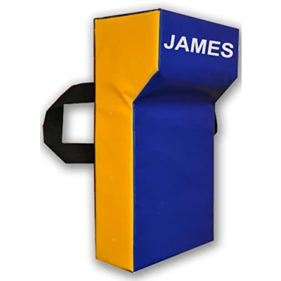 Image of Implay® Rugby Professional Grade Tackle Wedge Hit Shield Pad Heavy Duty PVC/High Density Foam Blue &amp; Yellow 60cm x 35cm 12.5cm WITH NAME.