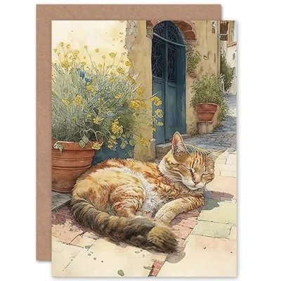 Image of Artery8 Cat Sunbathing in Meditterannean Village Street Watercolour Illustration Art Birthday Sealed Greeting Card Plus Envelope Blank inside