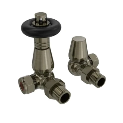 Image of NRG Traditional Corner Central Heating Radiator Valve 15mm Thermostatic Lockshield Valves Polished Antique Brass