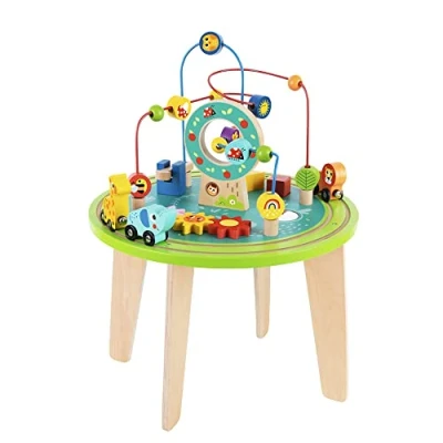 Image of Tooky Toy Wooden Activity Table Animal Theme, 2+ Years, Shape Recognition &amp; Spatial Awareness, Table, 4 Legs, Circular Rail Track, 2 Trains, Bead Maze, 3 Gears, Sorter, Flowers