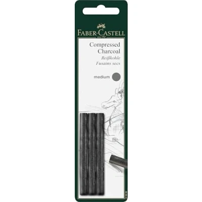 Image of Faber Castell Pack of 3 Compressed PITT Charcoal Sticks, Intensive Black, Medium