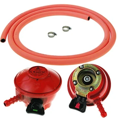 Image of Clip on GAS Bottle Regulator 27mm for CALOR plus 2m of Propane Orange Hose &amp; 2 Pipe Clips