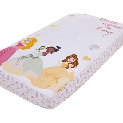 Image of Disney Princess Make a Wish Pink, White and Yellow Once Upon Time Nursery Photo Op Fitted Crib Sheet