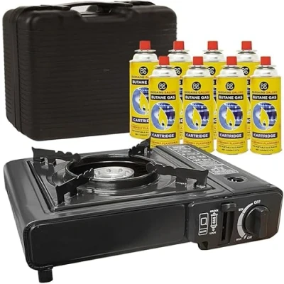Image of Portable Gas Cooker Camp Stove + 8 Butane Canisters For Outdoor Camping, Fishing, Cooking &amp; BBQ Premium Burner, Automatic Ignition Heat Control, EN417 Compliant Black Grill Carry Case