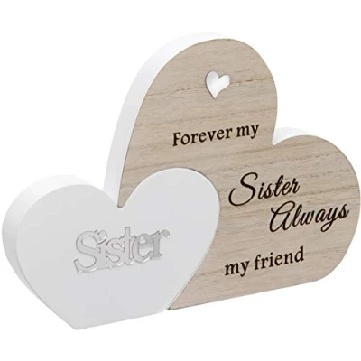 Image of Maturi Free Standing Double Heart Plaque Sentiment Gift Sister, Brown, 23 x 16 2 cm
