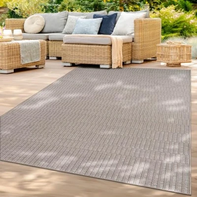 Image of Indoor &amp; Outdoor Rug Weatherproof Terrace Balcony Dining Room Boho Motif Modern Scandi Look Plain Colours, colour:Beige, Size:160x220 cm