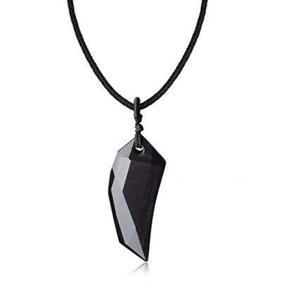 Image of COAI Leather Cord Wolf Tooth Amulet Obsidian Stone Necklace