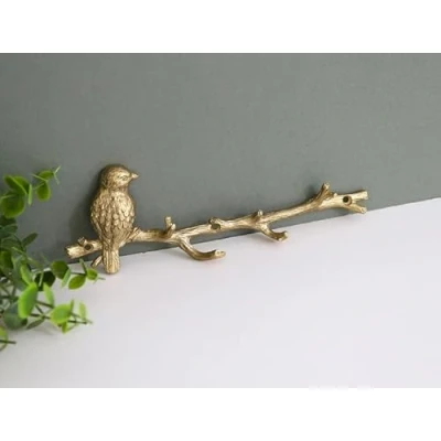 Image of Fyne Finds Metal Gold Wall Bird on Branch 6 Hooks Coat Key Lead Hanger Rack Mounted