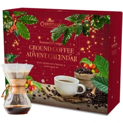 Image of Coffee Advent Calendar 2024 Christmas 24 Days Flavoured Ground Gift Set Gifts For Men &amp; Women, French Vanilla Hazelnut Irish Italian Cinnamon