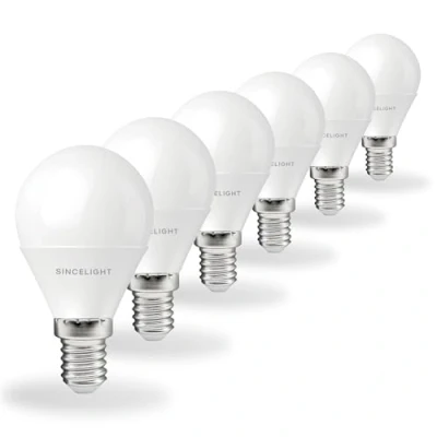 Image of SINCELIGHT E14 2W LED Golf Ball Light Bulb P45 Ø45mm, Milky Diffuser, Warm White 2700K, 150 Lumens, SES Small Edison Screw, Pack of 6