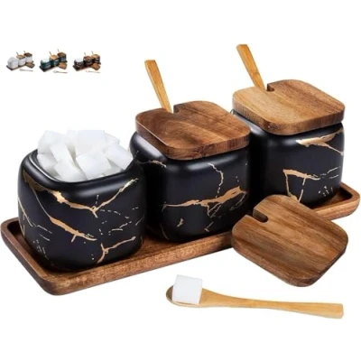 Image of TELANKS Sugar Pot Set, 3 Pcs Seasoning Container with Lid, 360ml/12oz Spice ceramic Jars, Salt (Black)
