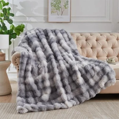 Image of FASCINATDECO Soft Warm Rabbit Plush Fleece Throw Blanket Thick 1000 GSM Throws for Sofas Large Fluffy Bed Couch Travel Kids Decor, Tie Dye Grey, 230x250cm