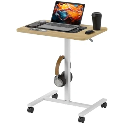 Image of HOMCOM Height Adjustable Standing Desk, Pneumatic Sit Stand Desk for Laptop, Mobile Overbed Table with Wheels and Headphone Hook Home Office, Natural Wood Finish