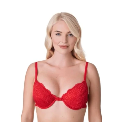Image of Camille Womens Red Floral Lace Padded Underwired Bra 34B