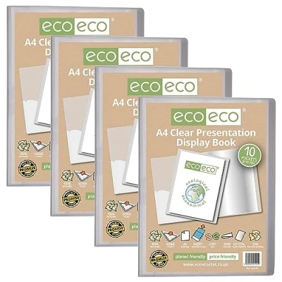 Image of eco A4 Size 50 Percent Recycled 10 Pocket Clear Presentation Display Book, Storage Case Portfolio Art Folder with Plastic Sleeves, Pack of 4, eco125x4
