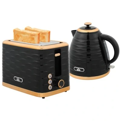 Image of HOMCOM Kettle and Toaster Sets, 3000W 1.7L Rapid Boil &amp; 2 Slice with 7 Browning Controls, Defrost, Reheat Crumb Tray, Otter Thermostat, Black