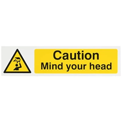 Image of Scan SCA5110 Self adhesive PVC sign Caution Mind your head White, 200 x 50mm