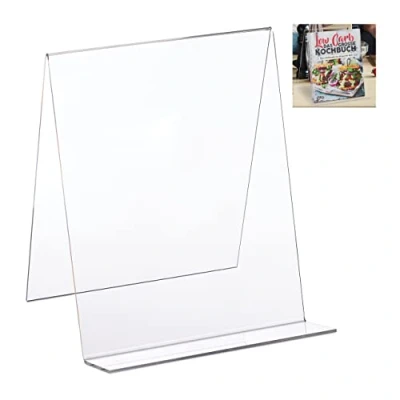 Image of Relaxdays 10027277 Book Stand, Acrylic Cookbook Holder, DIN A4, Easel, Sturdy, Tabletop Display, 24 x 20 cm, Transparent